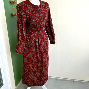 Vintage 80s 90s Red Paisley Skirt Set with Gold Knot Buttons